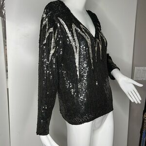 Creative Creations Sz S Black Silver Beaded Pull On V Neck Blouse